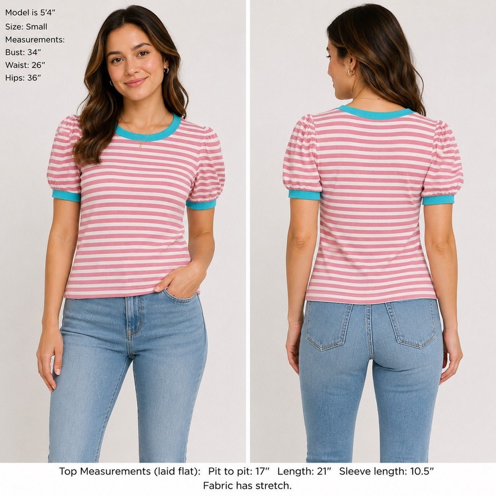 PrettyGarden Pink White Striped Puff Sleeve Top‎ Turquoise Trim Ribbed Size S